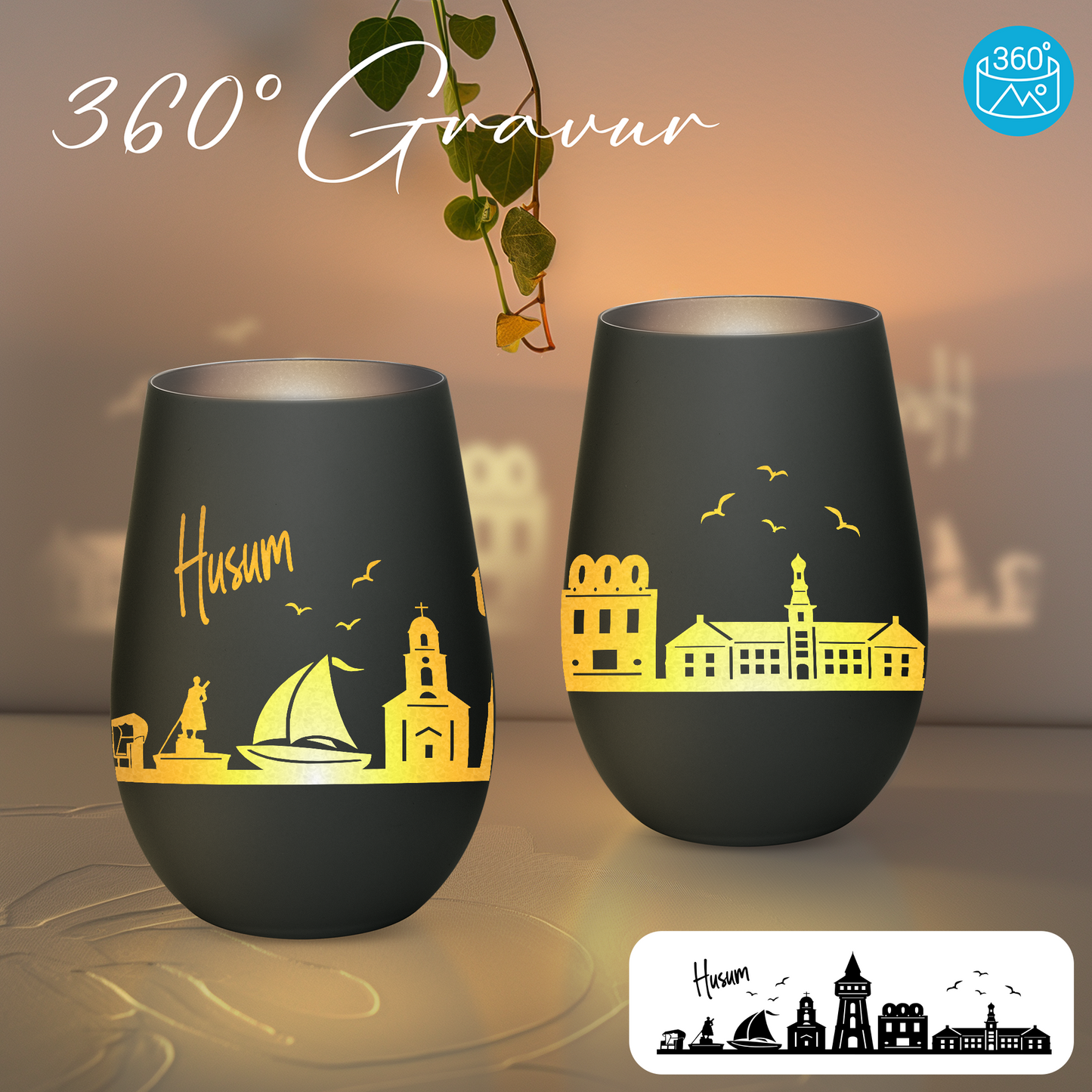 Hochwertiges Glas Windlicht mit Gravur "SKYLINE HUSUM" in der Farbe Schwarz/Silber