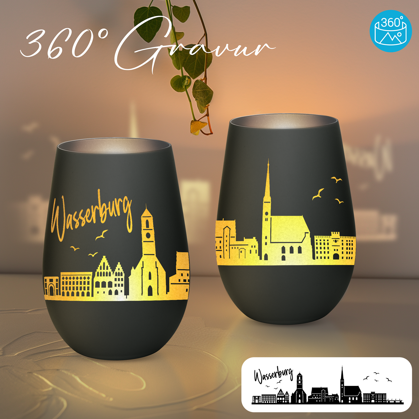 Hochwertiges Glas Windlicht mit Gravur "SKYLINE WASSERBURG" in der Farbe Schwarz/Silber