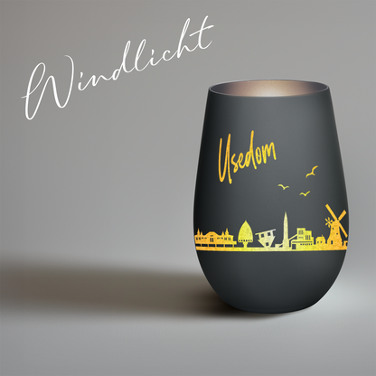 Hochwertiges Glas Windlicht mit Gravur "SKYLINE USEDOM" in der Farbe Schwarz/Silber