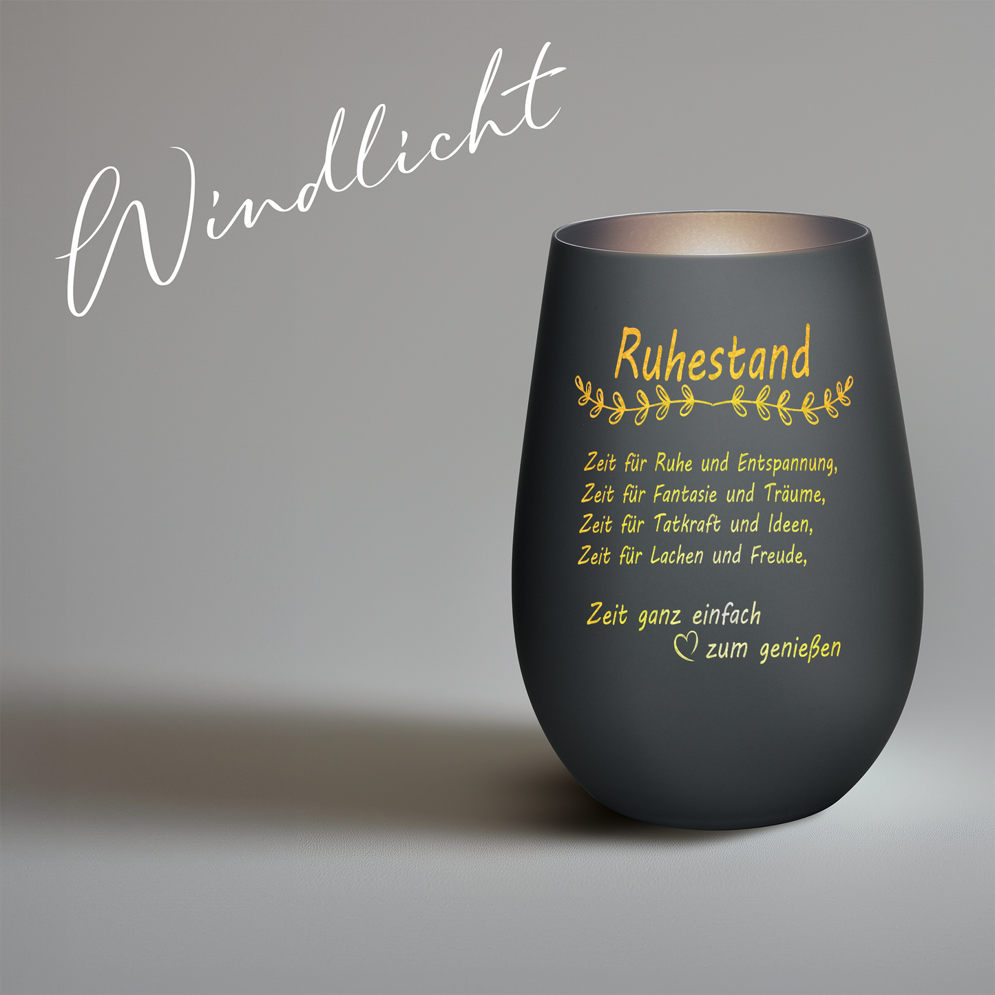 Hochwertiges Glas Windlicht mit Gravur "ALLES GUTE ZUM RUHESTAND" in der Farbe Schwarz/Silber