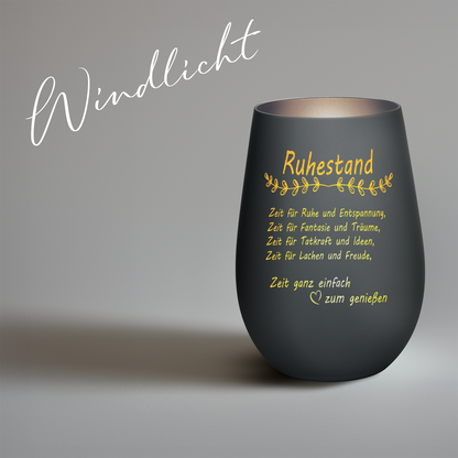 Hochwertiges Glas Windlicht mit Gravur "ALLES GUTE ZUM RUHESTAND" in der Farbe Schwarz/Silber