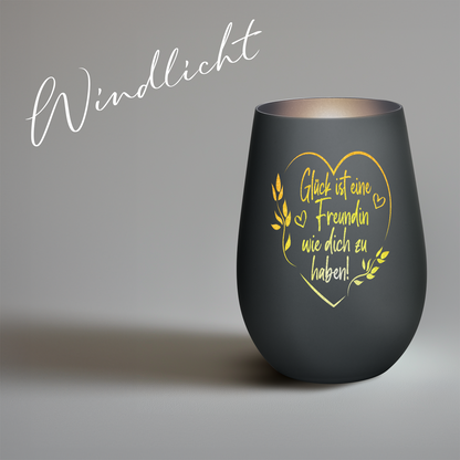 Hochwertiges Glas Windlicht mit Gravur "GLÜCK IST EINE FREUNDIN MIT HERZ" in der Farbe Schwarz/Silber