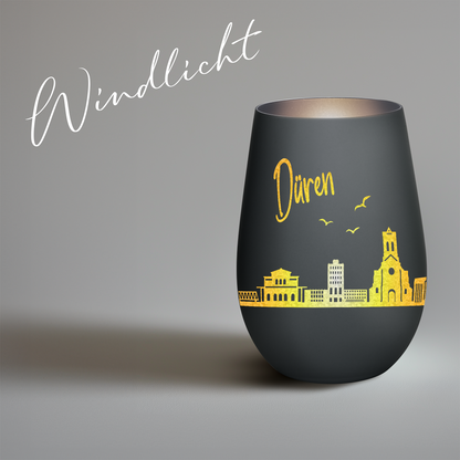 Hochwertiges Glas Windlicht mit Gravur "SKYLINE DÜREN" in der Farbe Schwarz/Silber