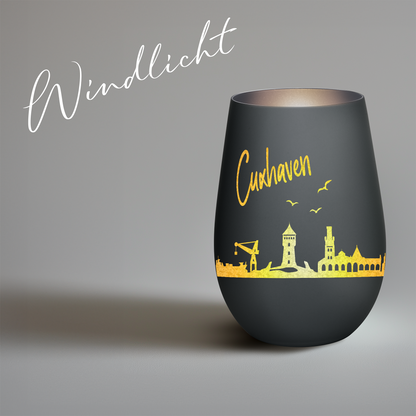 Hochwertiges Glas Windlicht mit Gravur "SKYLINE CUXHAVEN" in der Farbe Schwarz/Silber