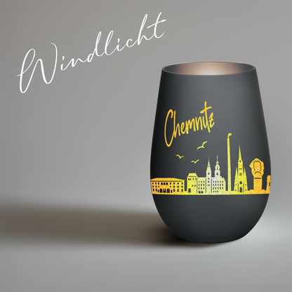 Hochwertiges Glas Windlicht mit Gravur "SKYLINE CHEMNITZ" in der Farbe Schwarz/Silber