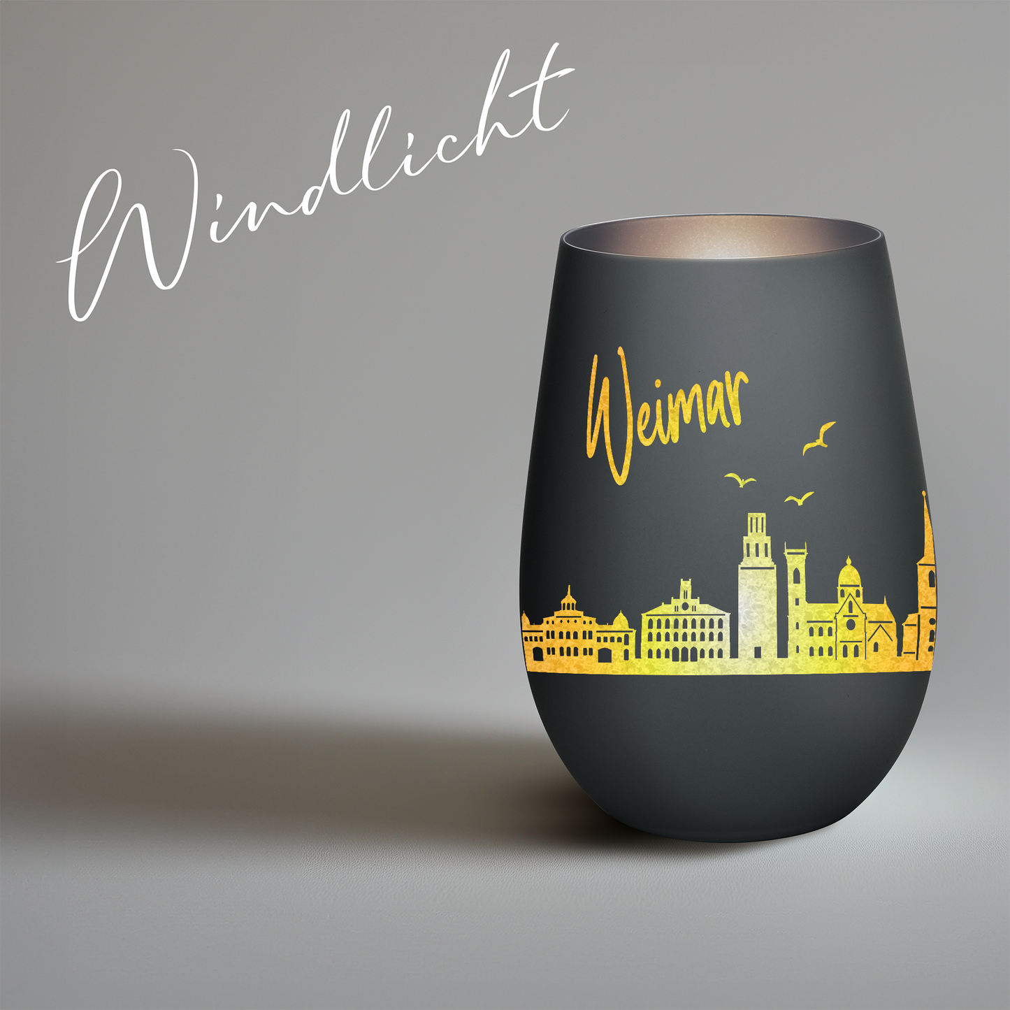 Hochwertiges Glas Windlicht mit Gravur "SKYLINE WEIMAR" in der Farbe Schwarz/Silber