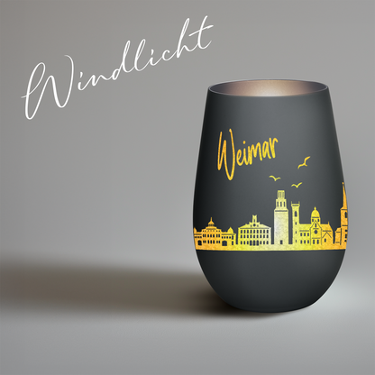 Hochwertiges Glas Windlicht mit Gravur "SKYLINE WEIMAR" in der Farbe Schwarz/Silber