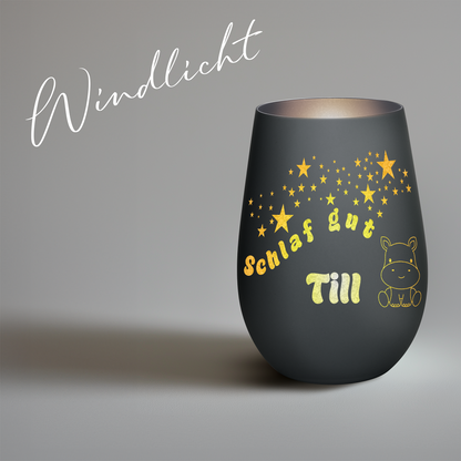 Hochwertiges Glas Windlicht für Kinder mit Gravur "SCHLAF GUT" Motiv Nilpferd mit Wunschname in der Farbe Schwarz/Silber