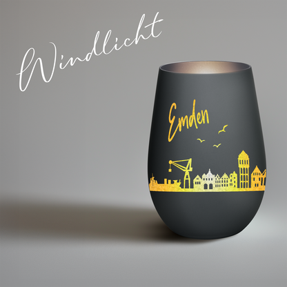 Hochwertiges Glas Windlicht mit Gravur "SKYLINE EMDEN" in der Farbe Schwarz/Silber