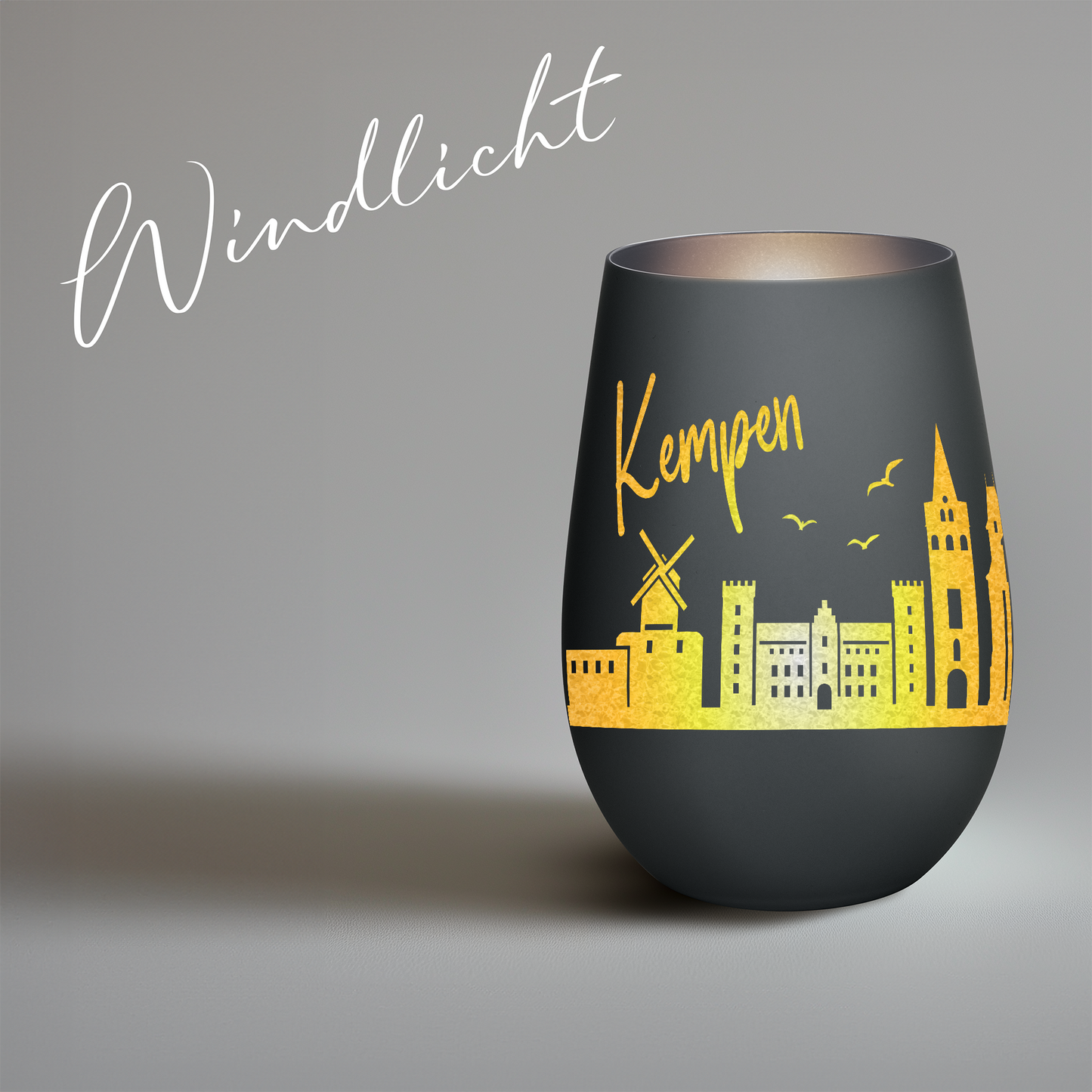 Hochwertiges Glas Windlicht mit Gravur "SKYLINE KEMPEN" in der Farbe Schwarz/Silber