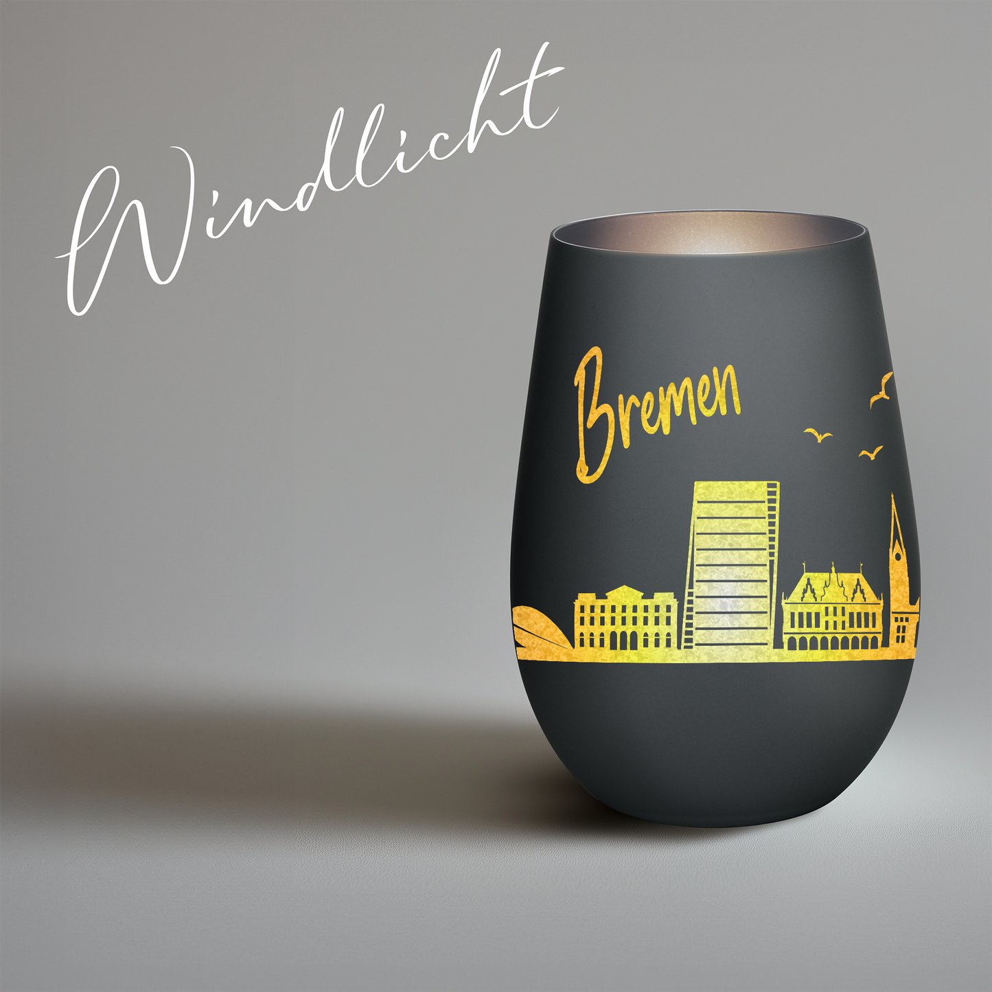 Hochwertiges Glas Windlicht mit Gravur "SKYLINE BREMEN" in der Farbe Schwarz/Silber