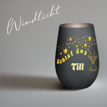 Hochwertiges Glas Windlicht für Kinder mit Gravur "SCHLAF GUT" Motiv Antilope mit Wunschname in der Farbe Schwarz/Silber