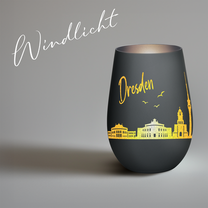 Hochwertiges Glas Windlicht mit Gravur "SKYLINE DRESDEN" in der Farbe Schwarz/Silber