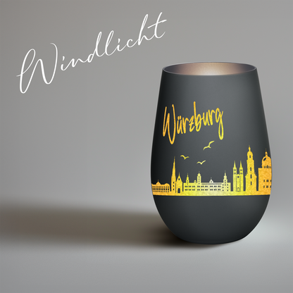 Hochwertiges Glas Windlicht mit Gravur "SKYLINE WÜRZBURG" in der Farbe Schwarz/Silber
