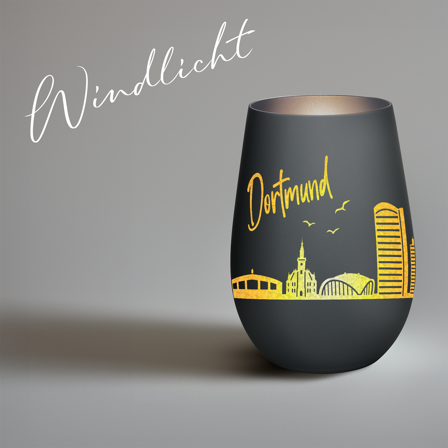 Hochwertiges Glas Windlicht mit Gravur "SKYLINE DORTMUND" in der Farbe Schwarz/Silber