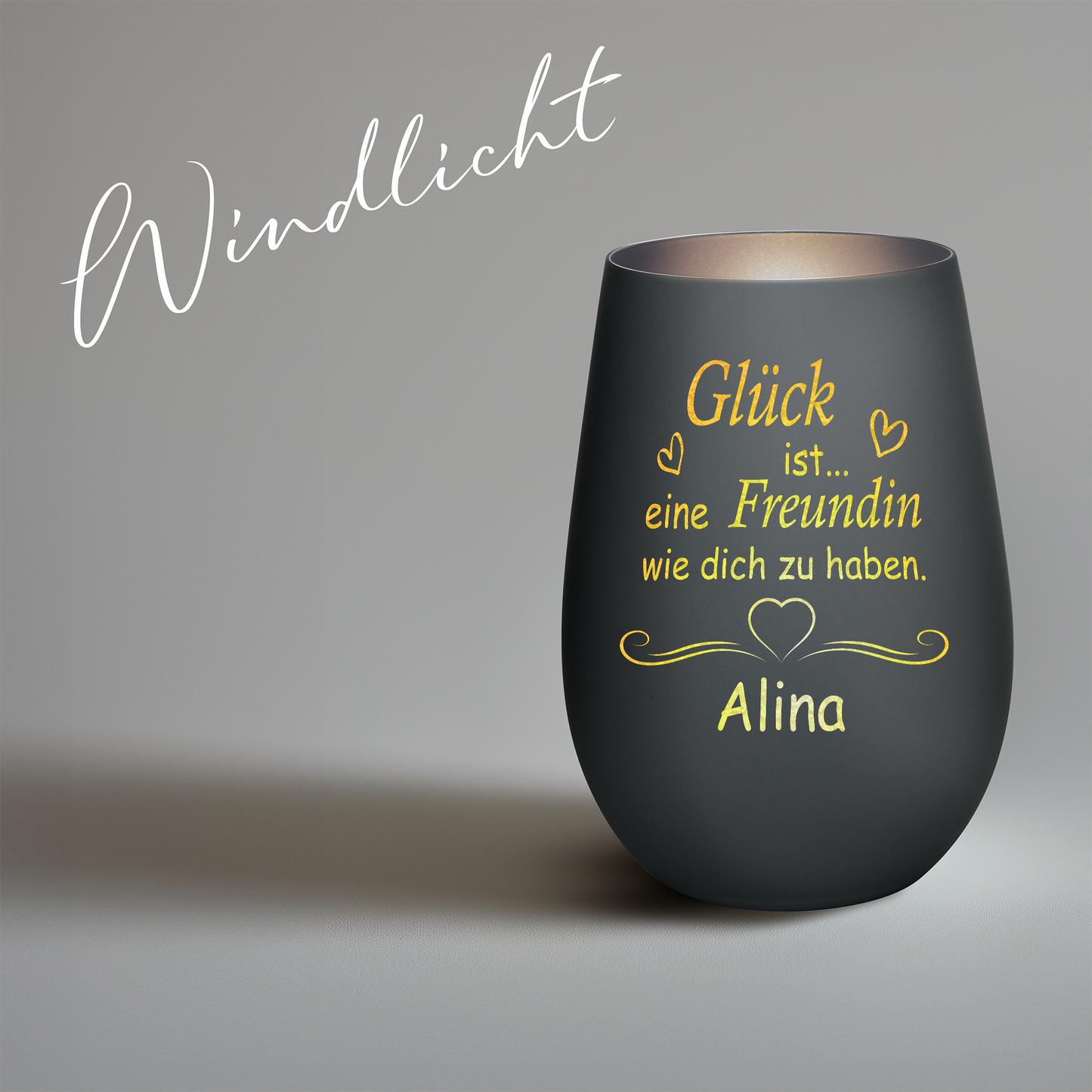 Hochwertiges Glas Windlicht mit Gravur "GLÜCK IST EINE FREUNDIN WIE DICH ZU HABEN" mit Wunschname in der Farbe Schwarz/Silber