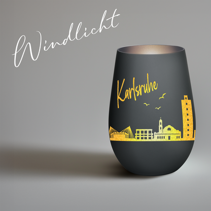 Hochwertiges Glas Windlicht mit Gravur "SKYLINE KARLSRUHE" in der Farbe Schwarz/Silber