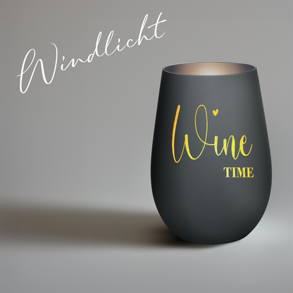 Hochwertiges Glas Windlicht mit Gravur "WINE TIME" in der Farbe Schwarz/Silber
