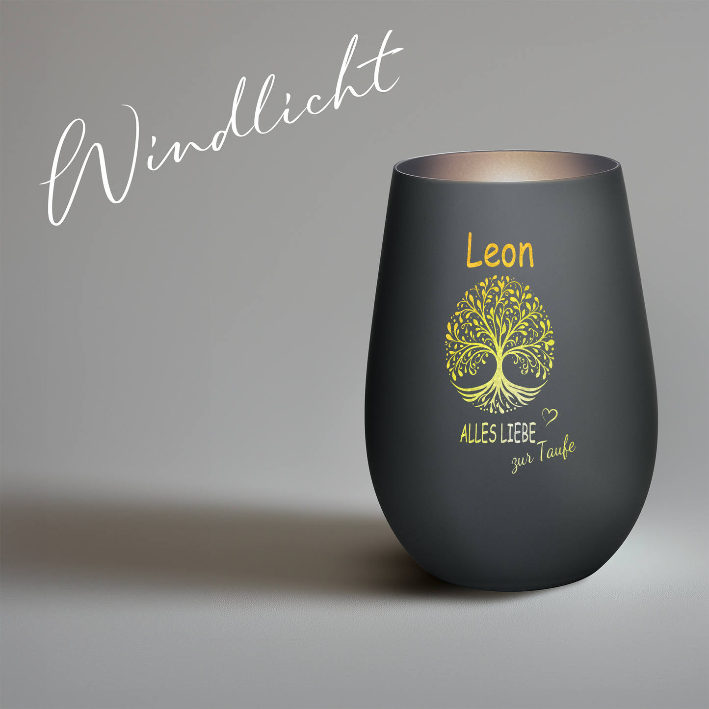 Hochwertiges Glas Windlicht mit Gravur "ALLES LIEBE ZUR TAUFE" mit Wunschname in der Farbe Schwarz/Silber