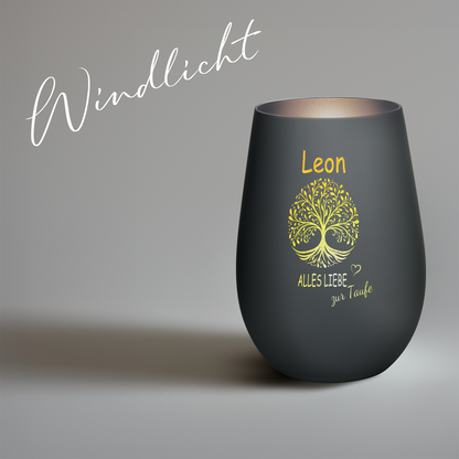 Hochwertiges Glas Windlicht mit Gravur "ALLES LIEBE ZUR TAUFE" mit Wunschname in der Farbe Schwarz/Silber