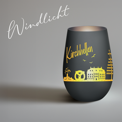 Hochwertiges Glas Windlicht mit Gravur "SKYLINE KIRCHHELLEN" in der Farbe Schwarz/Silber