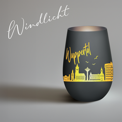 Hochwertiges Glas Windlicht mit Gravur "SKYLINE WUPPERTAL" in der Farbe Schwarz/Silber