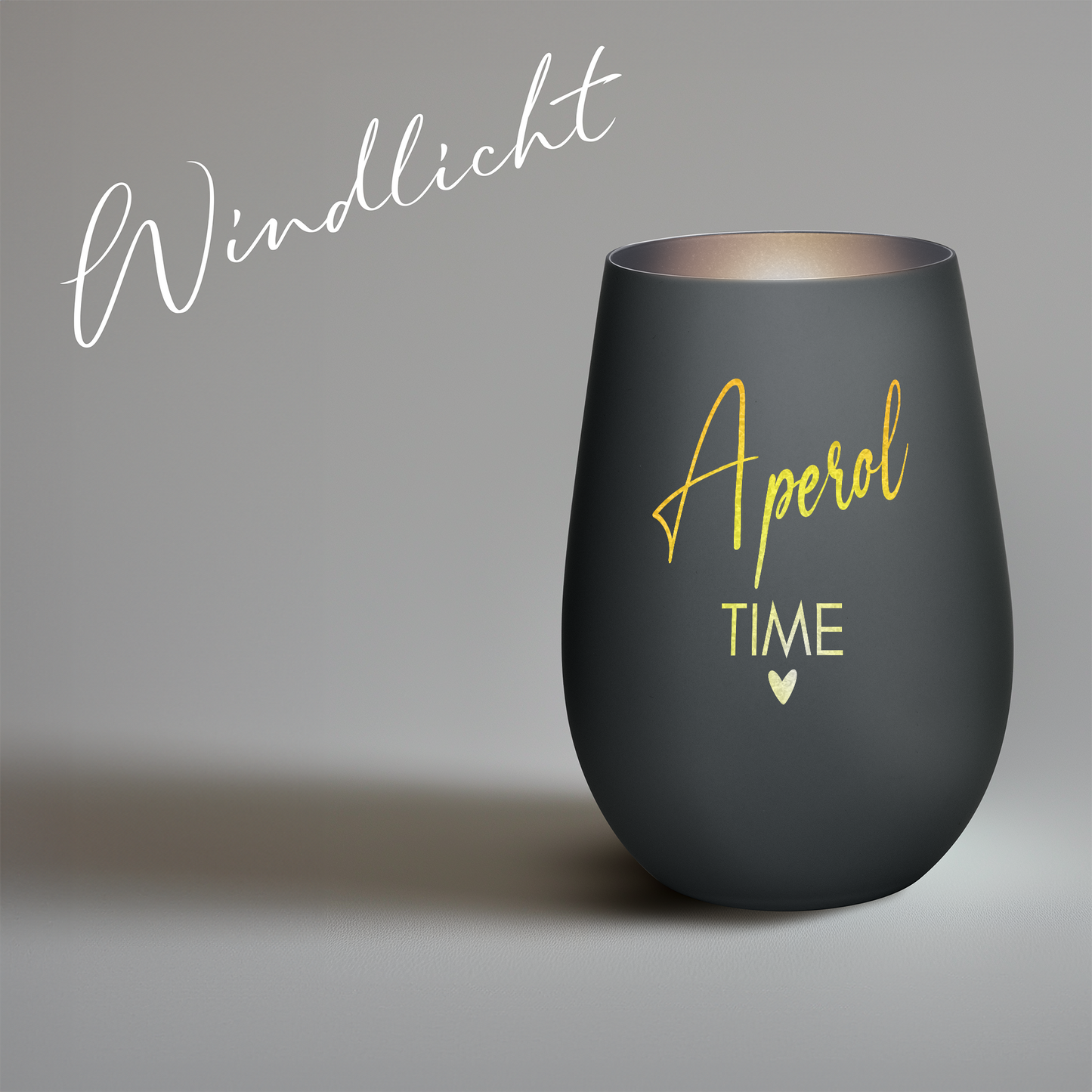 Hochwertiges Glas Windlicht mit Gravur "APEROL TIME" in der Farbe Schwarz/Silber