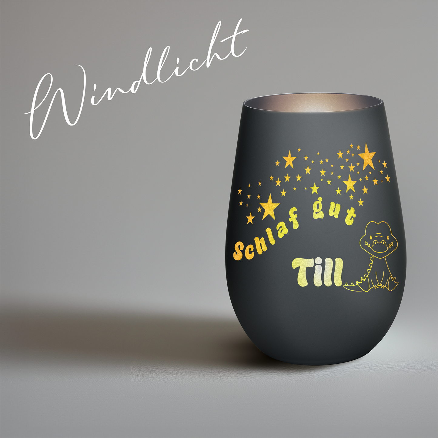 Hochwertiges Glas Windlicht für Kinder mit Gravur "SCHLAF GUT" Motiv Krokodil mit Wunschname in der Farbe Schwarz/Silber