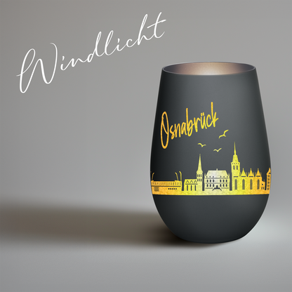 Hochwertiges Glas Windlicht mit Gravur "SKYLINE OSNABRÜCK" in der Farbe Schwarz/Silber