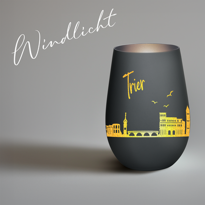 Hochwertiges Glas Windlicht mit Gravur "SKYLINE TRIER" in der Farbe Schwarz/Silber