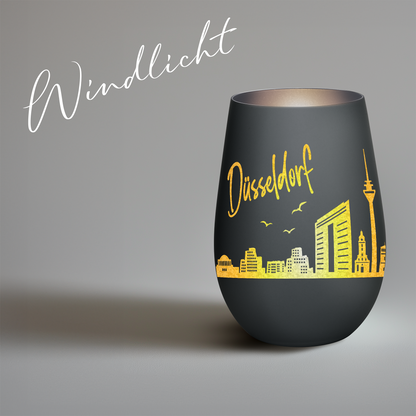 Hochwertiges Glas Windlicht mit Gravur "SKYLINE DÜSSELDORF" in der Farbe Schwarz/Silber