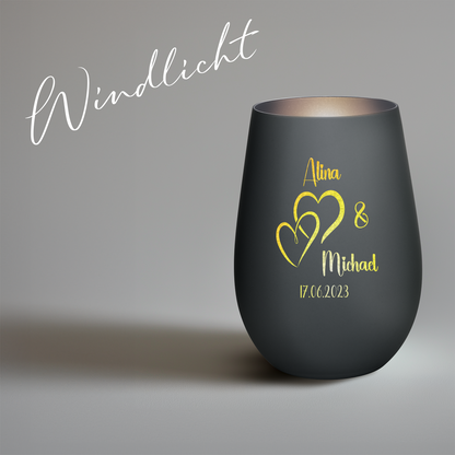 Hochwertiges Glas Windlicht mit Gravur "LIEBES WINDLICHT HERZ1" mit Wunschnamen und Datum in der Farbe Schwarz/Silber