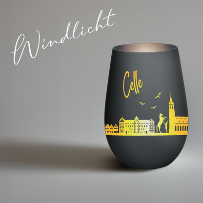 Hochwertiges Glas Windlicht mit Gravur "SKYLINE CELLE" in der Farbe Schwarz/Silber