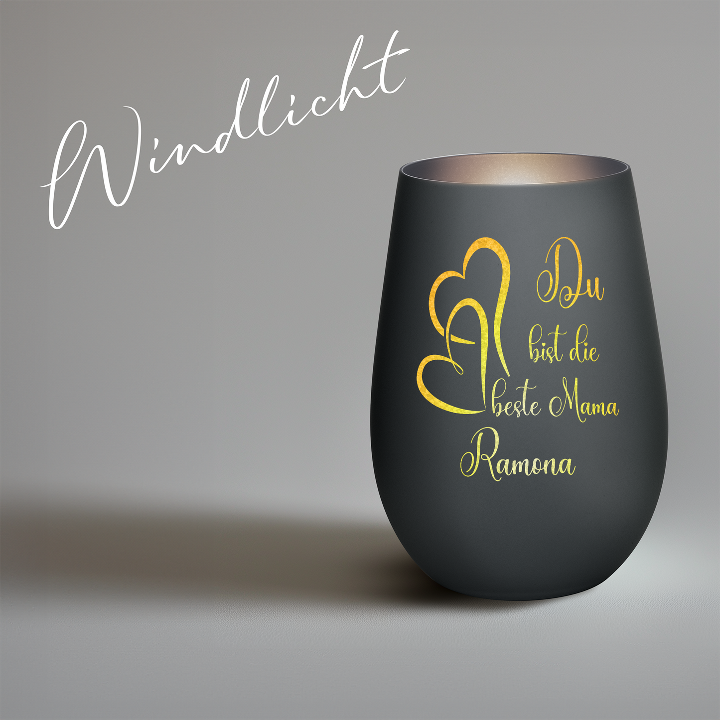 Hochwertiges Glas Windlicht mit Gravur "DU BIST DIE BESTE MAMA" mit Wunschname in der Farbe Schwarz/Silber