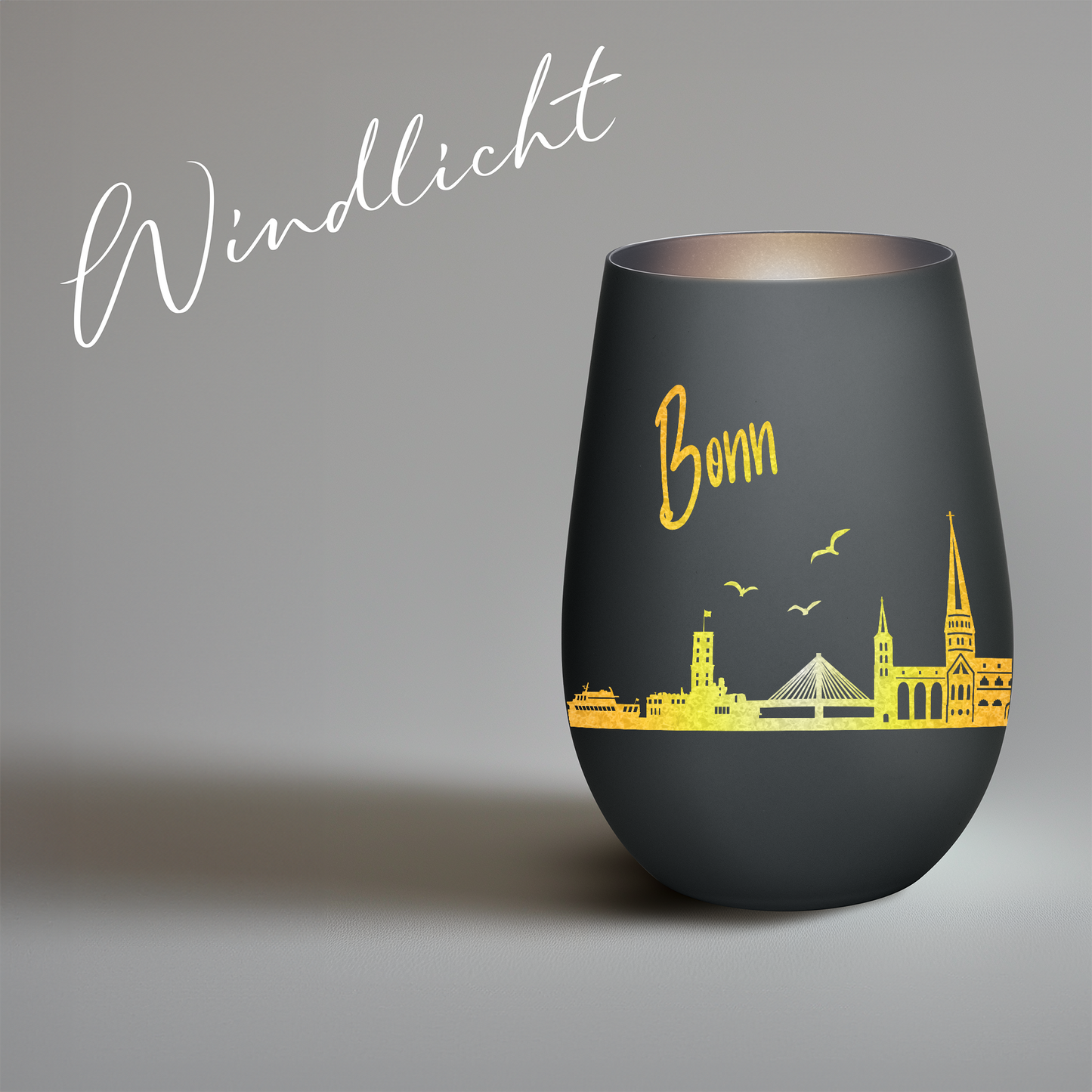 Hochwertiges Glas Windlicht mit Gravur "SKYLINE BONN" in der Farbe Schwarz/Silber