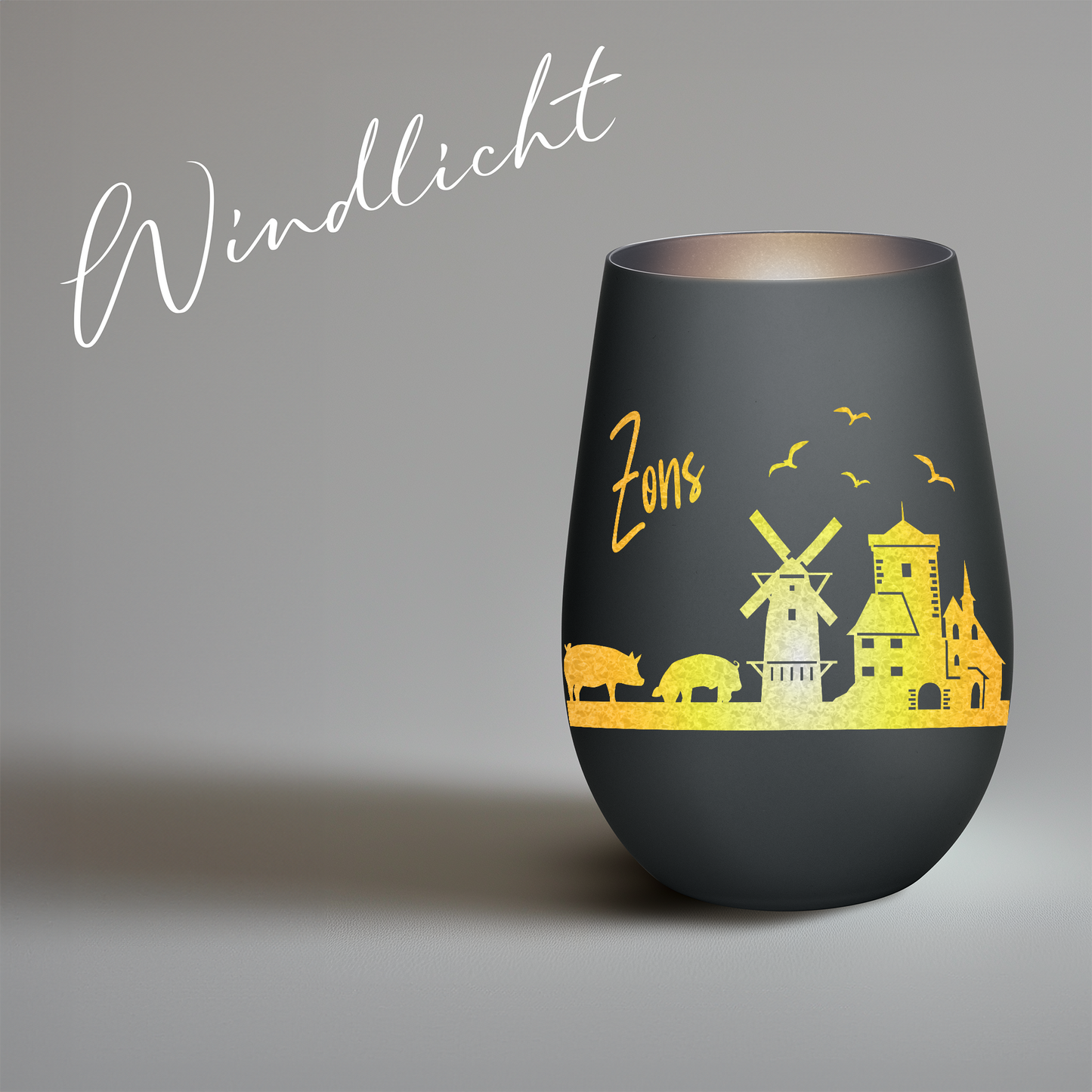 Hochwertiges Glas Windlicht mit Gravur "SKYLINE ZONS (DORMAGEN)" in der Farbe Schwarz/Silber