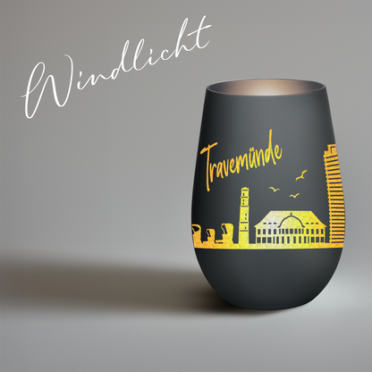 Hochwertiges Glas Windlicht mit Gravur "SKYLINE TRAVEMÜNDE" in der Farbe Schwarz/Silber