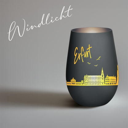 Hochwertiges Glas Windlicht mit Gravur "SKYLINE ERFURT" in der Farbe Schwarz/Silber