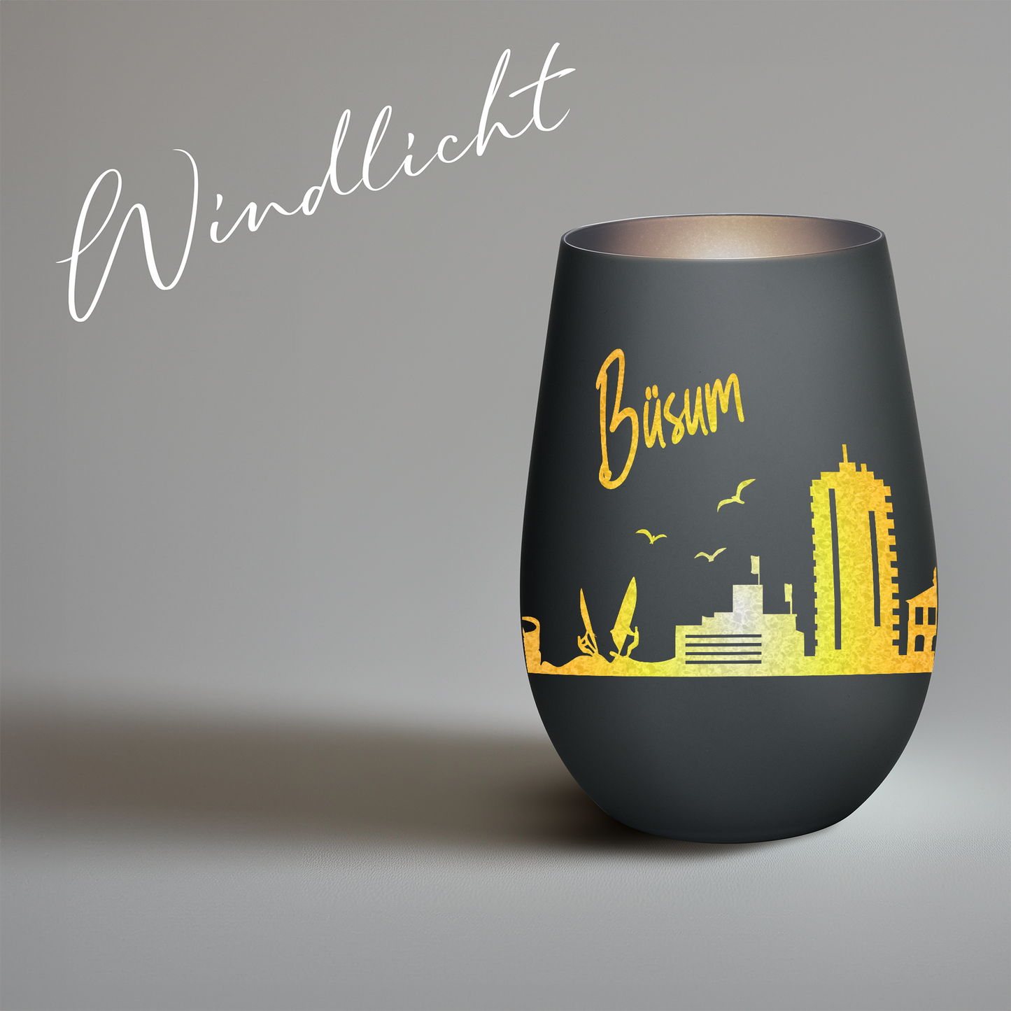 Hochwertiges Glas Windlicht mit Gravur "SKYLINE BÜSUM" in der Farbe Schwarz/Silber