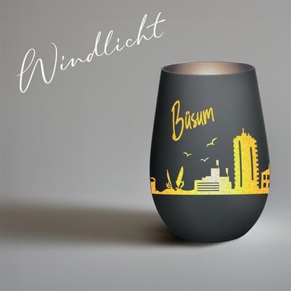 Hochwertiges Glas Windlicht mit Gravur "SKYLINE BÜSUM" in der Farbe Schwarz/Silber