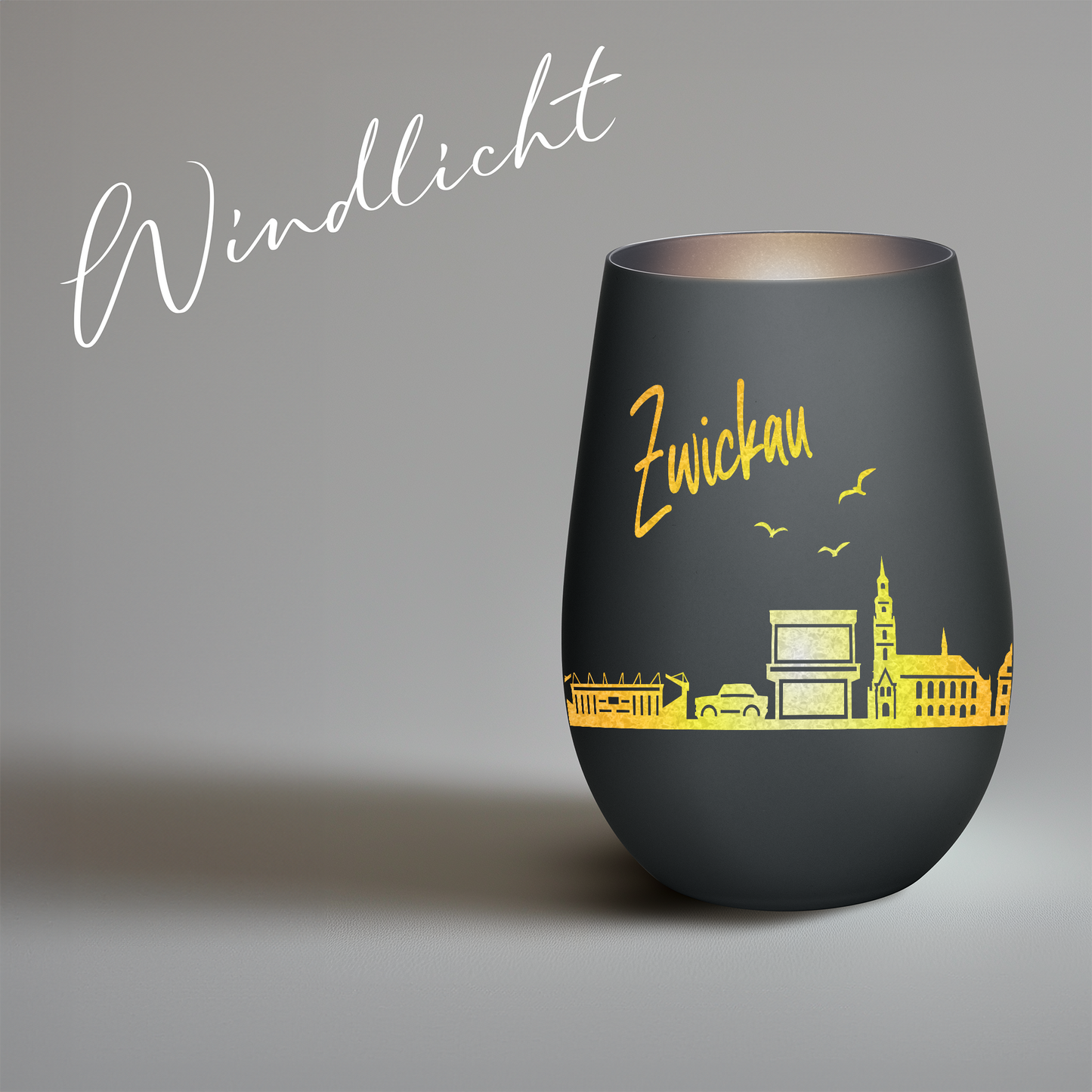 Hochwertiges Glas Windlicht mit Gravur "SKYLINE ZWICKAU" in der Farbe Schwarz/Silber