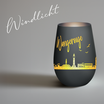 Hochwertiges Glas Windlicht mit Gravur "SKYLINE WANGEROOGE" in der Farbe Schwarz/Silber