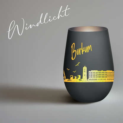 Hochwertiges Glas Windlicht mit Gravur "SKYLINE BORKUM" in der Farbe Schwarz/Silber