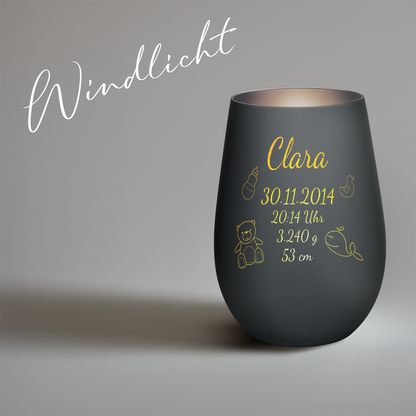 Hochwertiges Glas Windlicht mit Gravur "ZUR GEBURT" mit Wunschname und Datum in der Farbe Schwarz/Silber