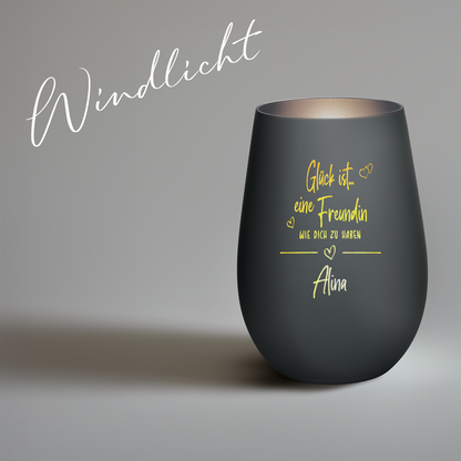 Hochwertiges Glas Windlicht mit Gravur "GLÜCK IST EINE FREUNDIN WIE DICH ZU HABEN" mit Wunschname in der Farbe Schwarz/Silber