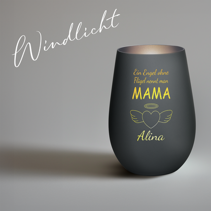 Hochwertiges Glas Windlicht mit Gravur "EIN ENGEL OHNE FLÜGEL NENNT MAN MAMA" mit Wunschname in der Farbe Schwarz/Silber
