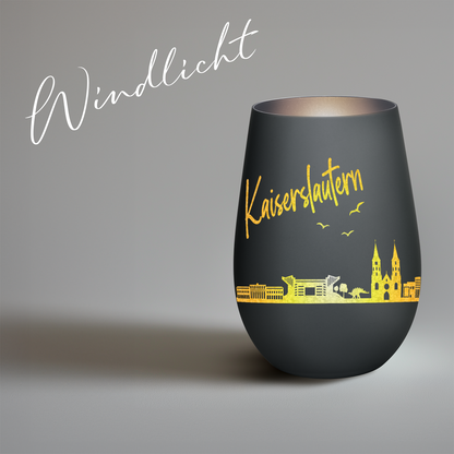 Hochwertiges Glas Windlicht mit Gravur "SKYLINE KAISERSLAUTERN" in der Farbe Schwarz/Silber