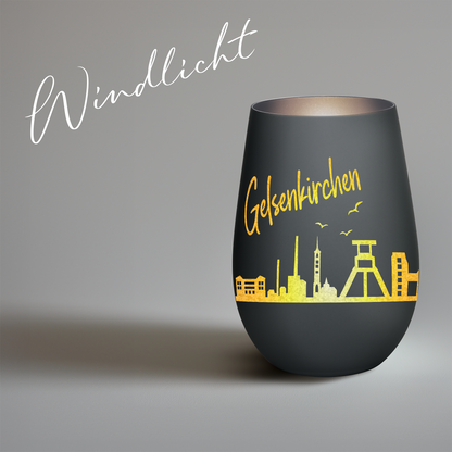Hochwertiges Glas Windlicht mit Gravur "SKYLINE GELSENKIRCHEN" in der Farbe Schwarz/Silber