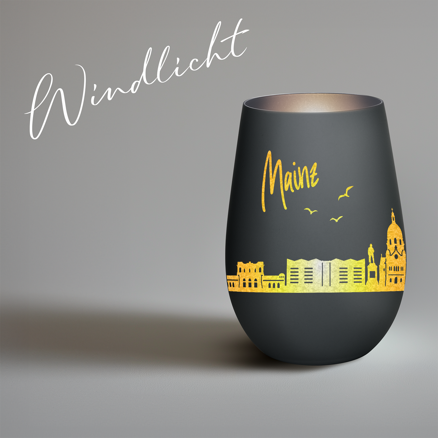 Hochwertiges Glas Windlicht mit Gravur "SKYLINE MAINZ" in der Farbe Schwarz/Silber