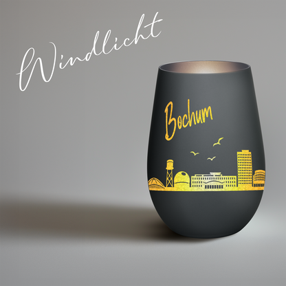 Hochwertiges Glas Windlicht mit Gravur "SKYLINE BOCHUM" in der Farbe Schwarz/Silber
